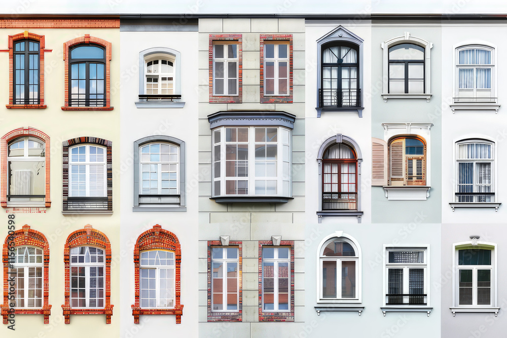 A collage of diverse architectural window designs showcasing different styles and colors. isolated on white background A collage of diverse architectural window designs showcasing different styles and colors. isolated on white background