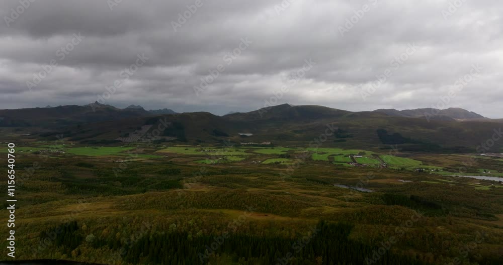 Cloudy Sky With Mountainous Terrain In The Countryside Of Sortland, Norway. Aerial Drone Shot Cloudy Sky With Mountainous Terrain In The Countryside Of Sortland, Norway. Aerial Drone Shot