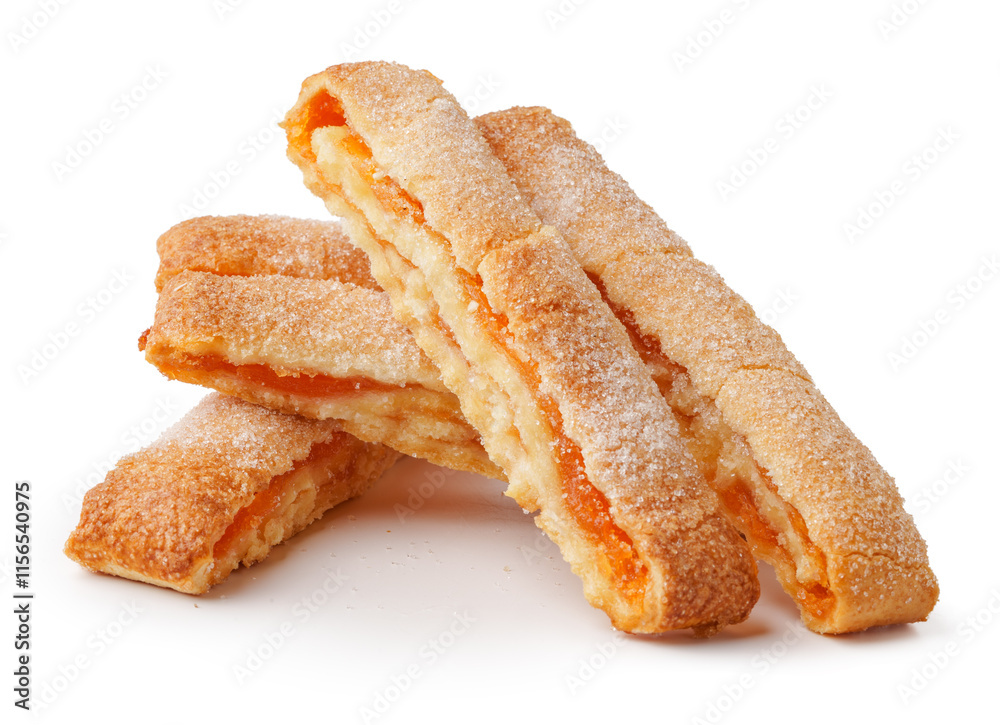 Sweet pastry sticks filled with fruity filling placed on a white background Sweet pastry sticks filled with fruity filling placed on a white background