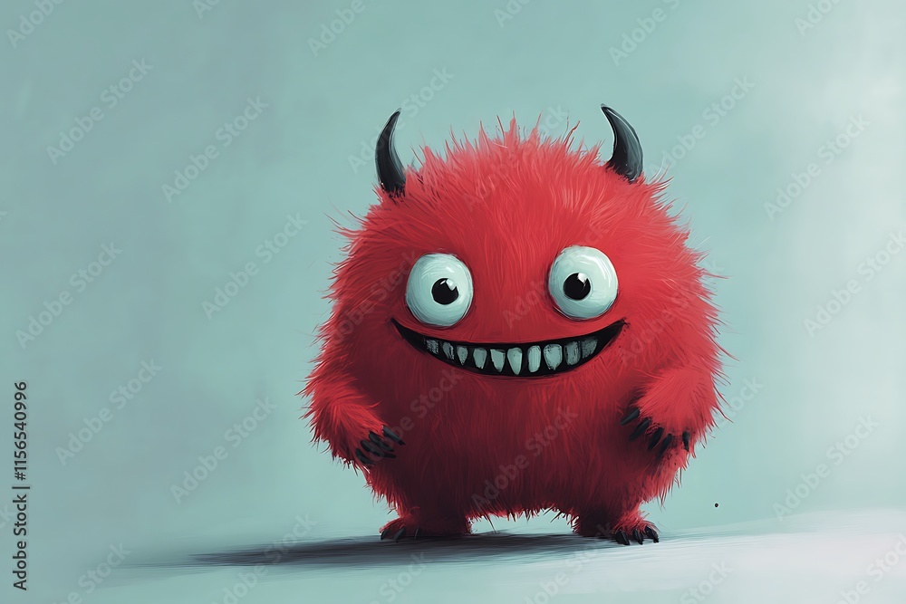 Fototapeta premium Little cute goofy red monster with little horns, fluffy hairy round creature cartoon design