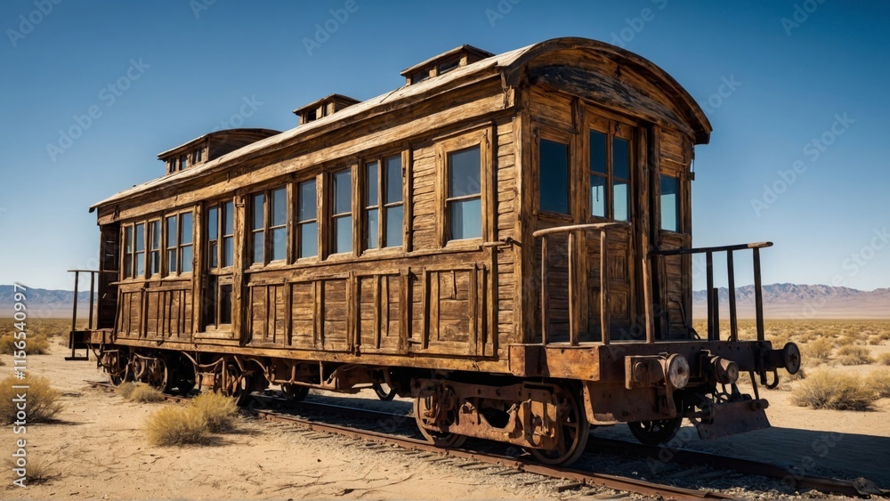 Obraz premium Vintage wooden train car abandoned in a desert landscape under blue sky