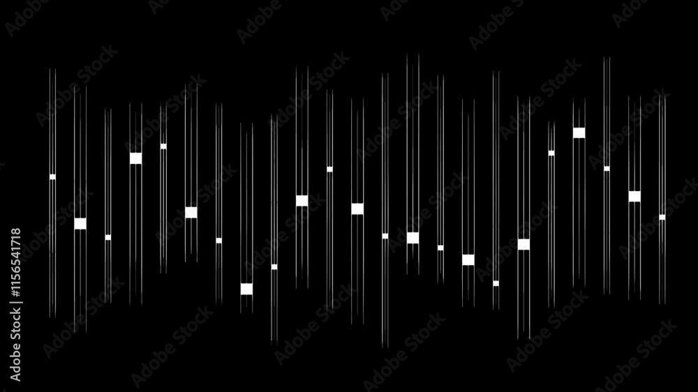 Abstract diagram with vertical white lines and rectangles on a black background, representing data analysis or a technological concept Abstract diagram with vertical white lines and rectangles on a black background, representing data analysis or a technological concept