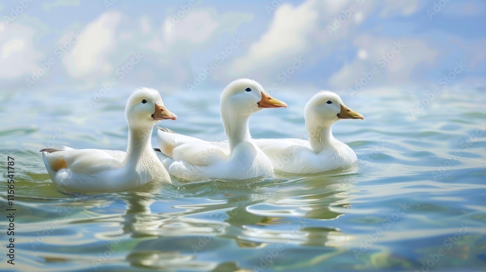Three white ducks swimming peacefully in calm water under a blue sky. Three white ducks swimming peacefully in calm water under a blue sky.