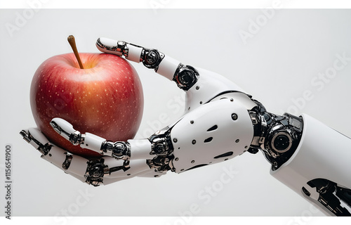robot hand holding an apple on white