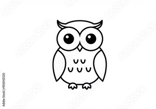 Simple owl icon, minimalist black and white design, large round eyes, tiny beak, symmetric photo