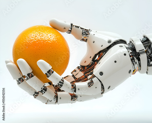 robot hand holding an orange on white photo