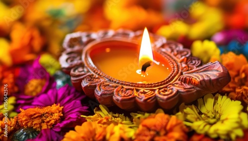 Illuminated Clay Diya Amidst Vibrant Marigold Flowers
