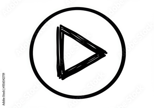 Hand-drawn play button, minimalist sketch, circular design, black and white illustration