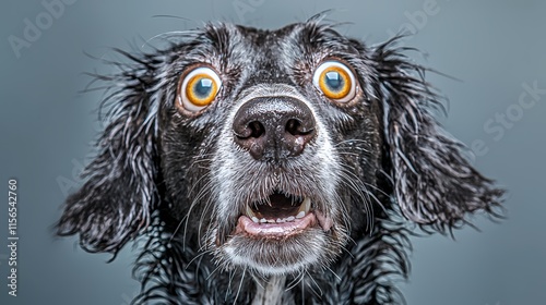 The Astonished Canine: A Portrait of a Wet Dog with Wide Eyes