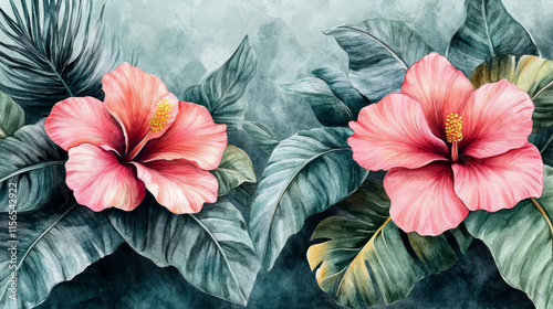 Wallpaper Mural Hand painted watercolor hibiscus flowers with tropical leaves Torontodigital.ca