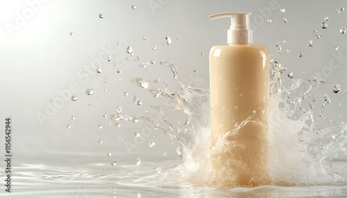 beige plastic bottle with a pump for body wash, with liquid splashing around the bottle