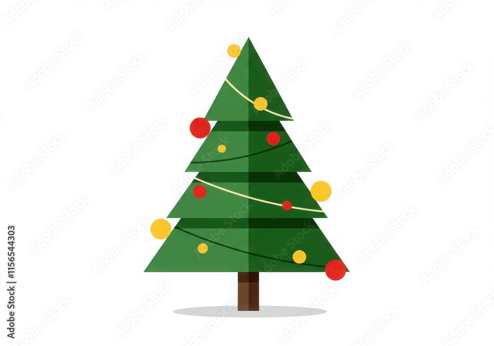 Christmas tree illustration, minimalist design, flat vector art, green geometric shapes, colorful Christmas tree illustration, minimalist design, flat vector art, green geometric shapes, colorful