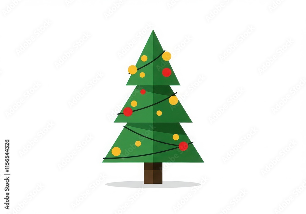 Christmas tree illustration, minimalist design, flat vector art, green geometric shapes, colorful Christmas tree illustration, minimalist design, flat vector art, green geometric shapes, colorful
