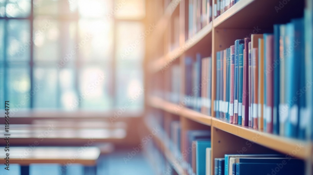Library bookshelves filled with colorful books, wooden tables, Abstract blurred empty college Library bookshelves filled with colorful books, wooden tables, Abstract blurred empty college