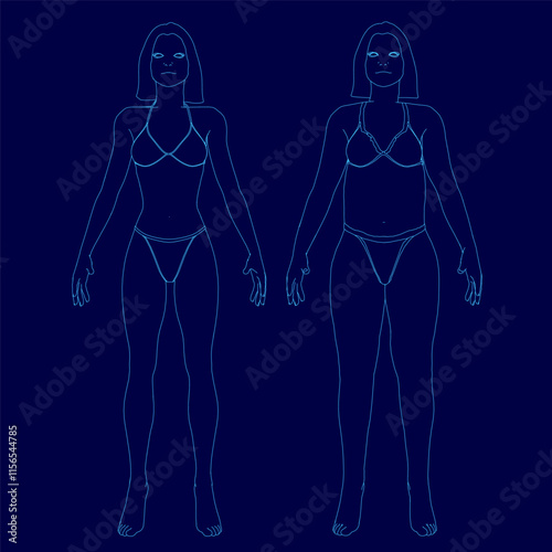 Two women are standing side by side, one wearing a bikini and the other wearing a bikini top. The girl is getting fat