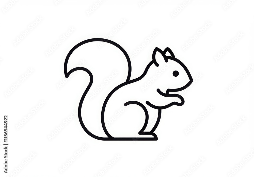 Minimalist squirrel icon, black and white line drawing, simple curved shapes, stylized animal