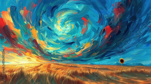 Abstract swirling vibrant sky above golden field with single sunflower.