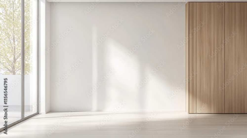 Empty minimalist room with white walls, large window, wood dressing closet front Empty minimalist room with white walls, large window, wood dressing closet front