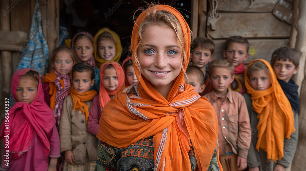 Naklejka premium Children in Traditional Clothing with Smiling Girl