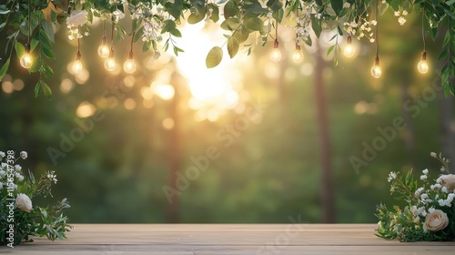 Charming Garden Setting with Lights and Floral Accents