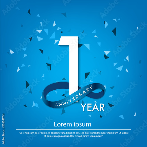 1st years anniversary celebration emblem. white anniversary logo isolated with blue circle ribbon. vector illustration template design for web, poster, greeting card and invitation card