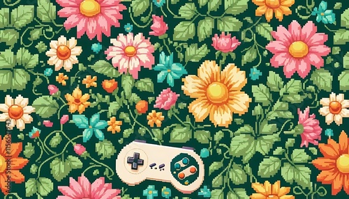 seamless pixel art pattern of vibrant flowers and green vines, with a retro video game aesthetic on a soft pastel background