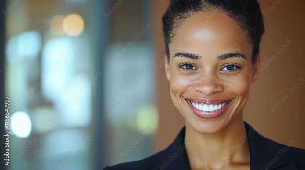 Naklejka premium Happy Businesswoman with Bright Smile in Modern Office Setting