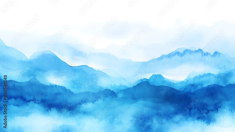 Fototapeta premium Serene Blue Watercolor Mountain Illustration: Misty Peaks, Tranquil Landscape. AI Generated