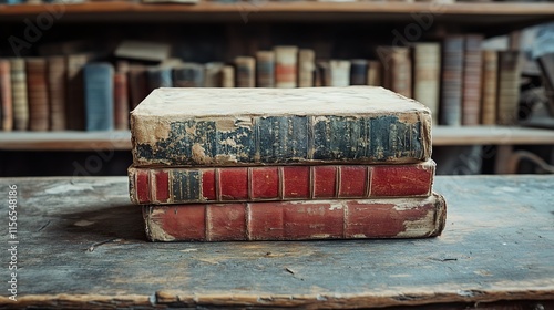 Antique Books on Wooden Table: A Vintage Library photo