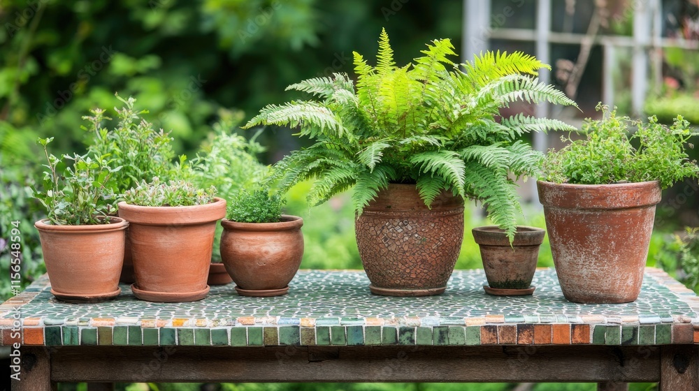 Vibrant Collection of Potted Herbs and Ferns on Garden Table Vibrant Collection of Potted Herbs and Ferns on Garden Table