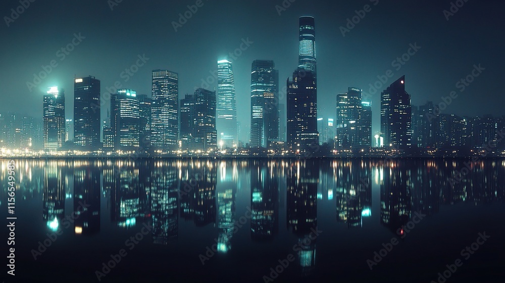 Fototapeta premium Illuminated Skyline of Shanghai at Night with Skyscrapers Reflection