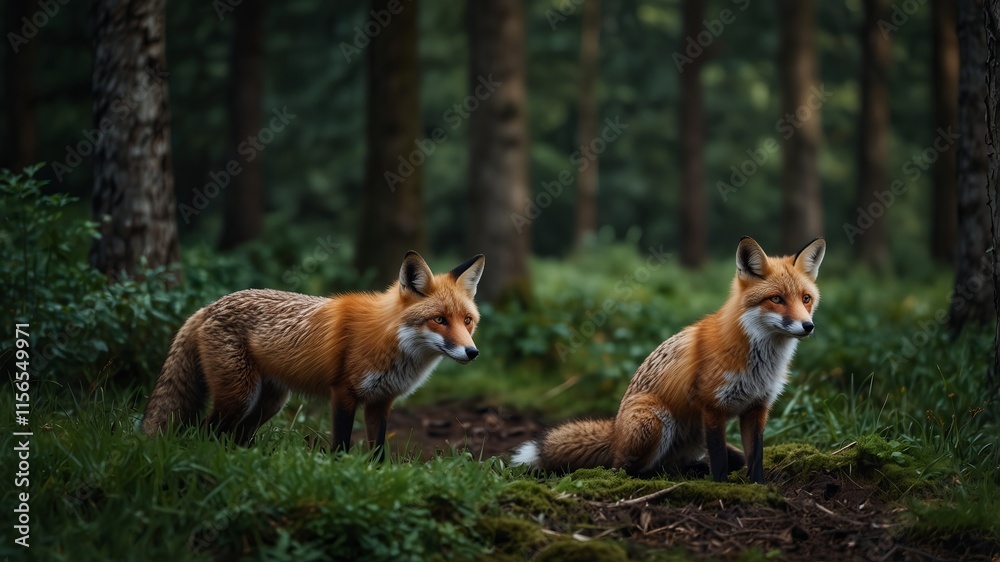 A pair of foxes in a lush green forest, showcasing their natural elegance, agility, and connection with the wilderness. A pair of foxes in a lush green forest, showcasing their natural elegance, agility, and connection with the wilderness.