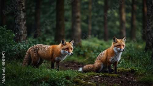 Wallpaper Mural A pair of foxes in a lush green forest, showcasing their natural elegance, agility, and connection with the wilderness. Torontodigital.ca