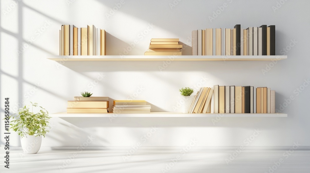 Modern Shelves with Books and Green Plants in Bright Room Modern Shelves with Books and Green Plants in Bright Room