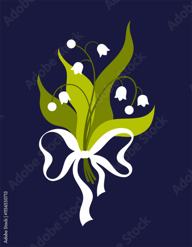 Illustration of a spring bouquet of lilies of the valley tied with a white bow on a dark blue background. Beautiful, delicate modern print.