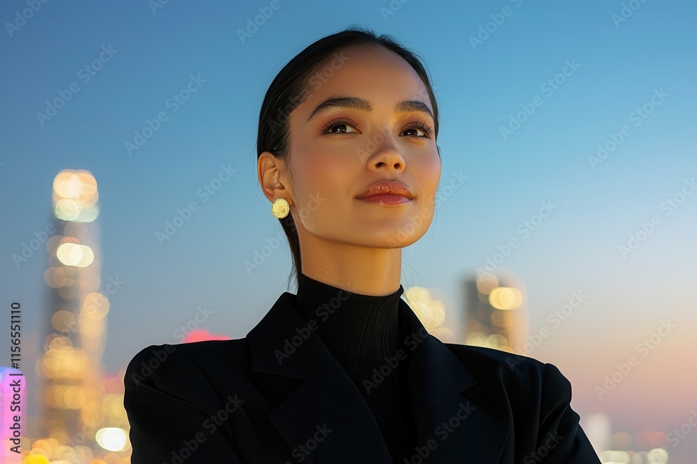 Women lead with equality and confidence. Confident woman in urban setting with city lights background. Women lead with equality and confidence. Confident woman in urban setting with city lights background.