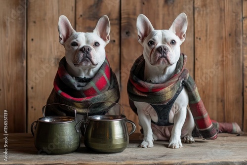 Two French Bulldogs in Plaid Scarves by a Rustic Wooden Wall photo