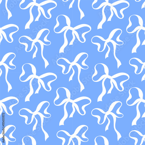 Seamless delicate rococo pattern with white bows on a blue background. Cute doll core. Flat background design. Repeating print for fabric, wrapping paper, textile, wallpaper