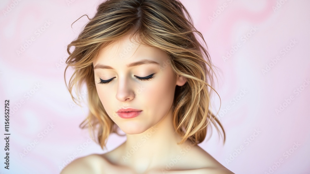 Serene Portrait of a Young Woman with Soft Makeup Against a Blurred Pink Background Serene Portrait of a Young Woman with Soft Makeup Against a Blurred Pink Background