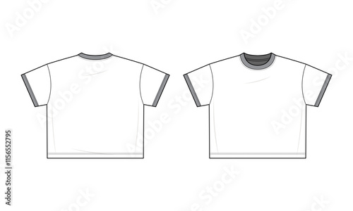 T-shirt technical fashion illustration. T-shirt vector template illustration. Front and back view. Regular fit. Short sleeves. Crew neck. Unisex. White color. Contrast Tee. CAD mockup.