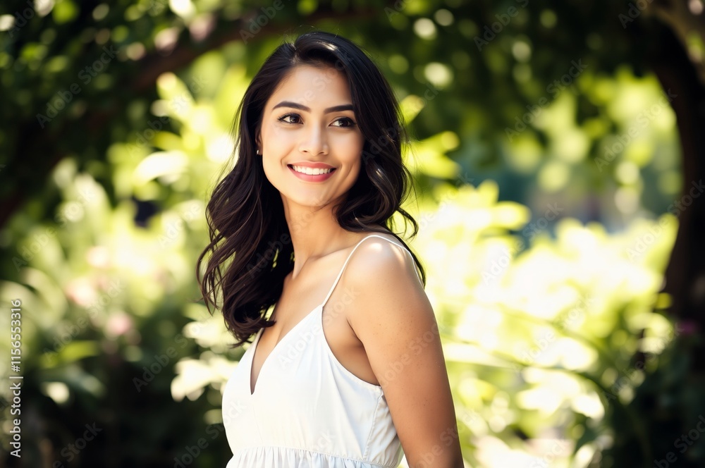 Beautiful Young Woman Smiling Outdoors in a Lush Green Park Setting Beautiful Young Woman Smiling Outdoors in a Lush Green Park Setting