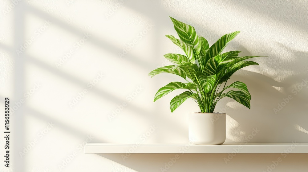 Lush Green Plant Displayed on Minimalist Shelf in Bright Room Lush Green Plant Displayed on Minimalist Shelf in Bright Room