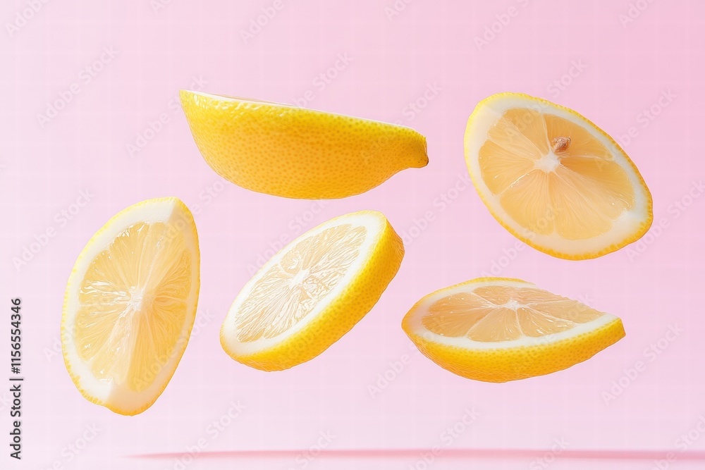 Floating Lemon Slices on Pink Background