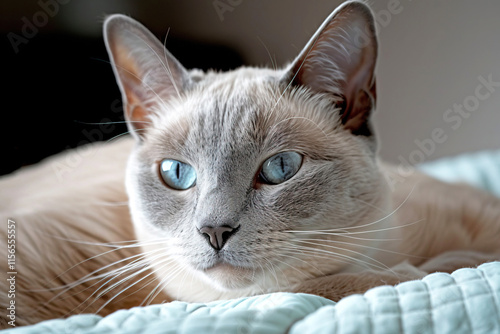 Tonkinese cat peacefully resting on a cozy bed during a sunny afternoon photo