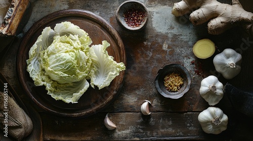 Fresh Vegetables and Spices on Rustic Wooden Table Surface