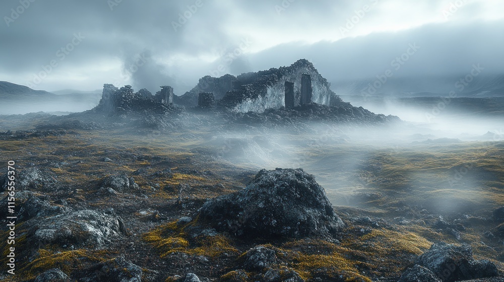 A misty landscape featuring ancient ruins amidst rocky terrain and overgrown vegetation. A misty landscape featuring ancient ruins amidst rocky terrain and overgrown vegetation.