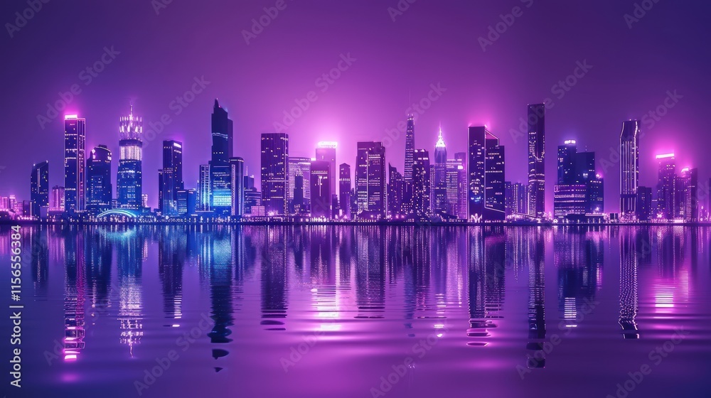 Fototapeta premium Vibrant purple cityscape at night, reflected in calm water.