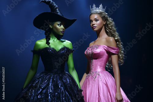 A princess in a pink gown and a tiara on stage with a witch who has green skin.