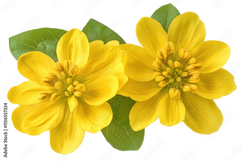 Fototapeta premium Two Bright Yellow Flowers with Green Leaves