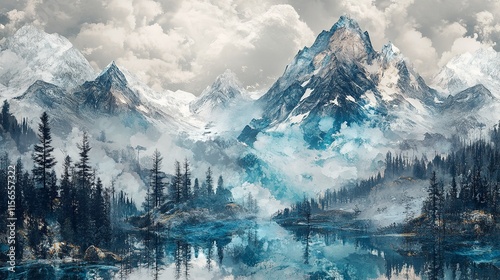 3D Modern Art Wall Frame Landscape with Blue, Gray, Green, and Abstract Elements

 photo